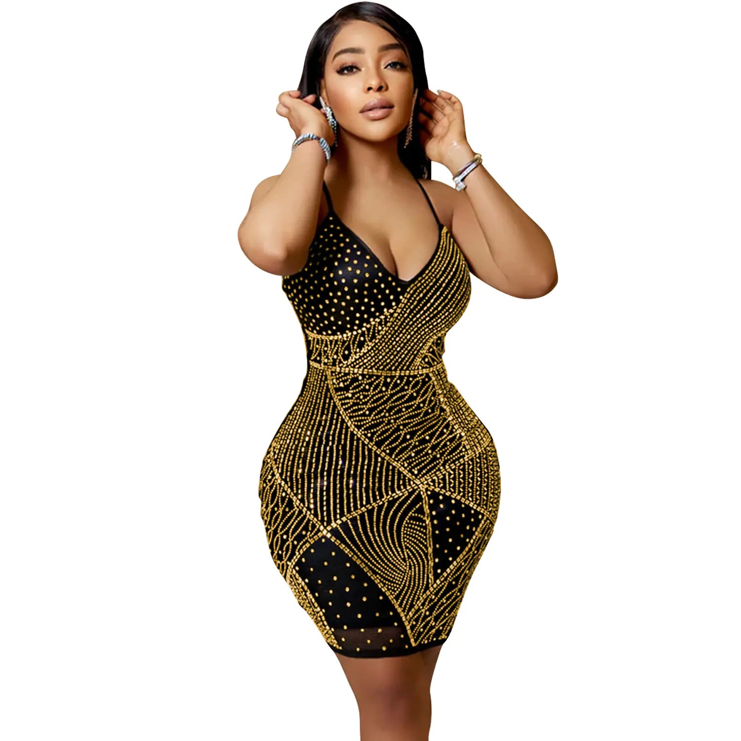 V-neck Backless Rhinestone Dress for Women with gold rhinestone details and black fabric, perfect for glamorous occasions.